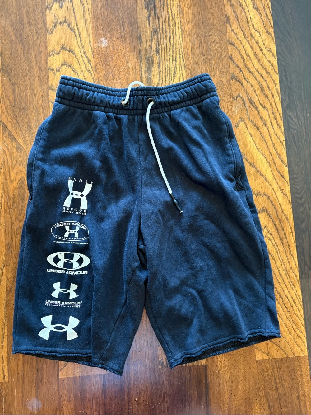 Under Armour Navy Athletic Shorts with White Logos and Drawstring
